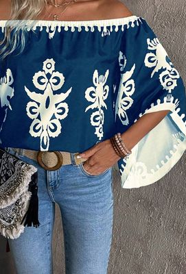 Blue/White Off The Shoulder Casual Top