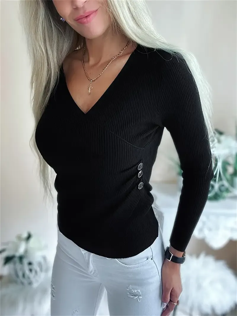 Beautiful Black Viscose Cross Over Button Sweater