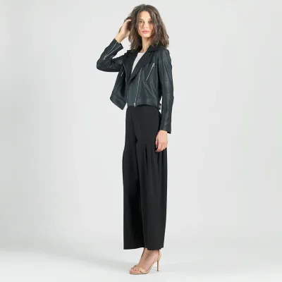 Rayon-Ponte Knit - Pleated Wide Leg Pocket Pant