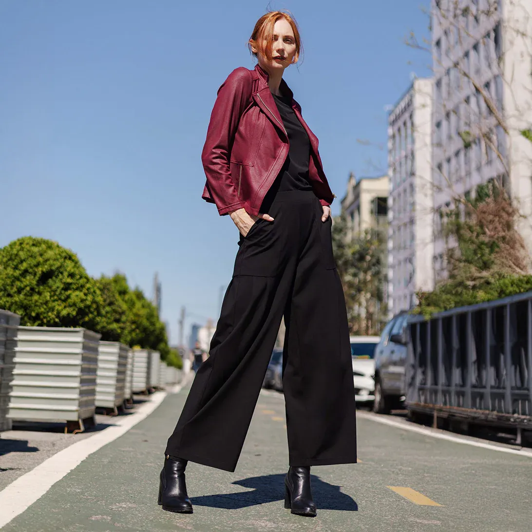 Rayon-Ponte Knit - Pleated Wide Leg Pocket Pant