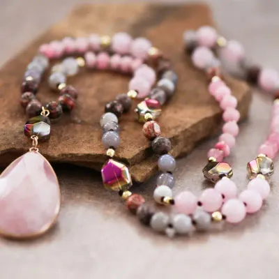 Semi-Precious Stone Pendant Necklace with Pink & Purple Stones