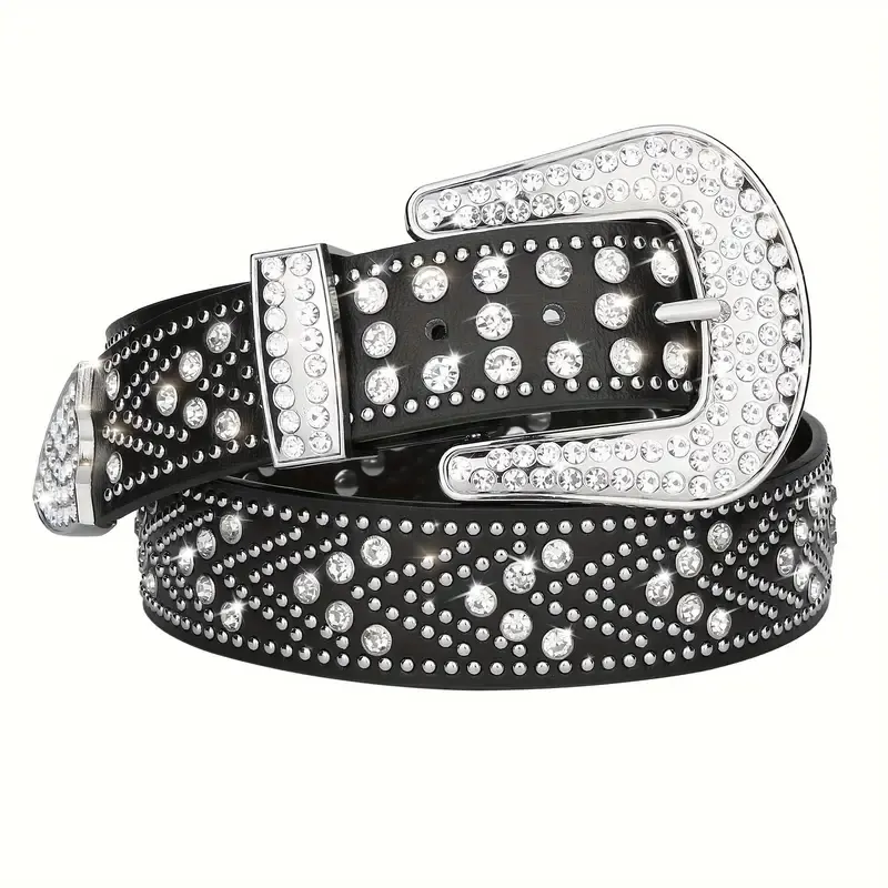 Black/Clear Vegan Leather Rhinestone Western Belt