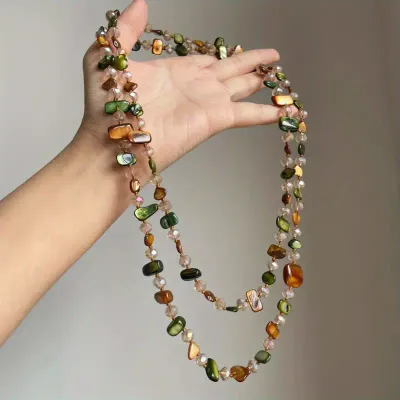 Warm Tone Real Stone Long Bead Necklace