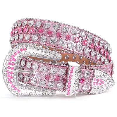 Pink/Clear Rhinestone Vegan Leather Bling Belt