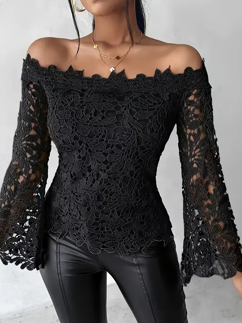 Black Applique&#39; Sleeve Off The Shoulder Top