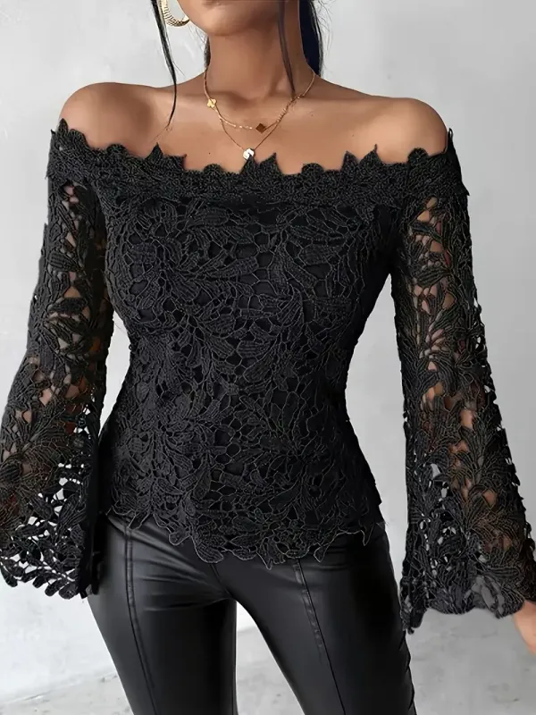 Black Applique&#39; Sleeve Off The Shoulder Top