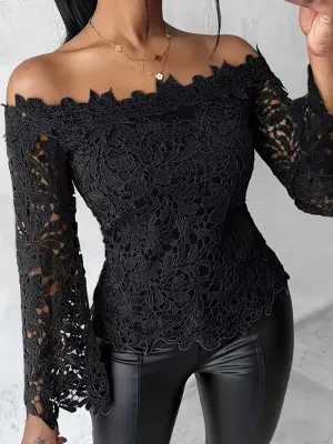 Black Applique' Sleeve Off The Shoulder Top