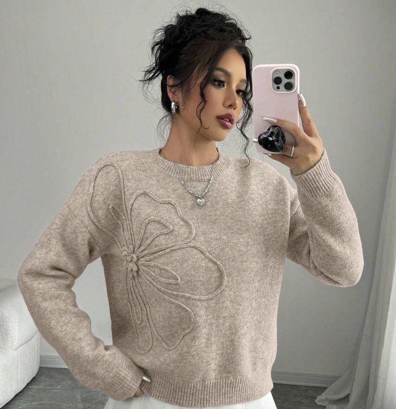Khaki Crew Neck Floral Pattern Light Sweater