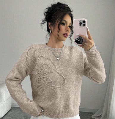 Khaki Crew Neck Floral Pattern Light Sweater