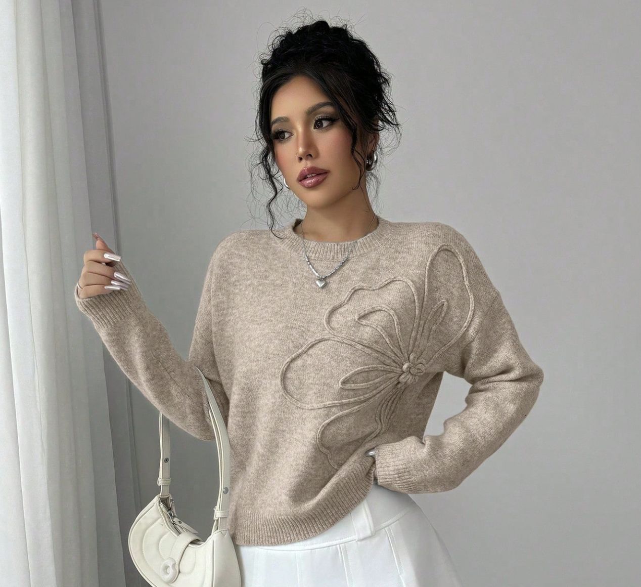 Khaki Crew Neck Floral Pattern Light Sweater