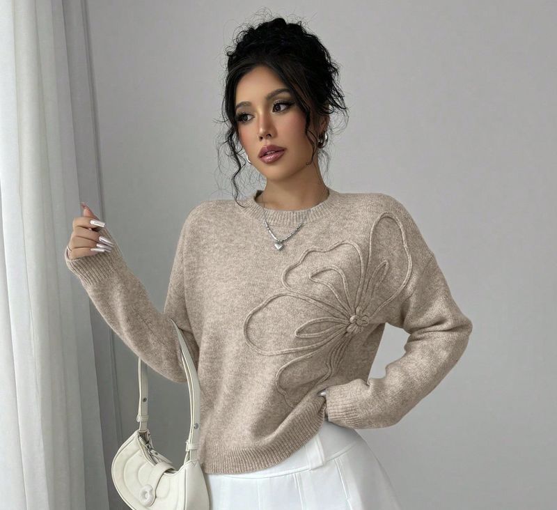 Khaki Crew Neck Floral Pattern Light Sweater