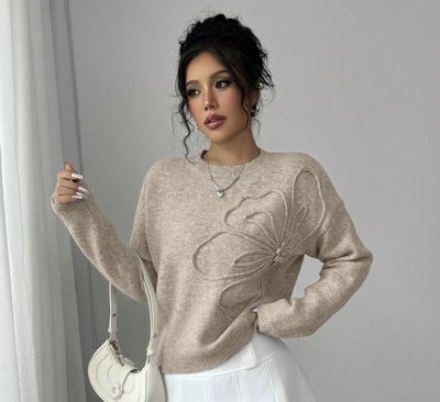 Khaki Crew Neck Floral Pattern Light Sweater