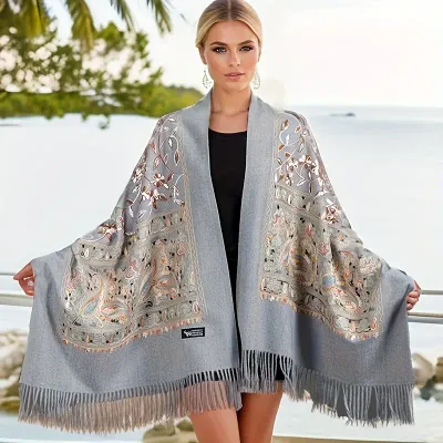Grey Multi Embroidered Cashmere Large Scarf/Wrap