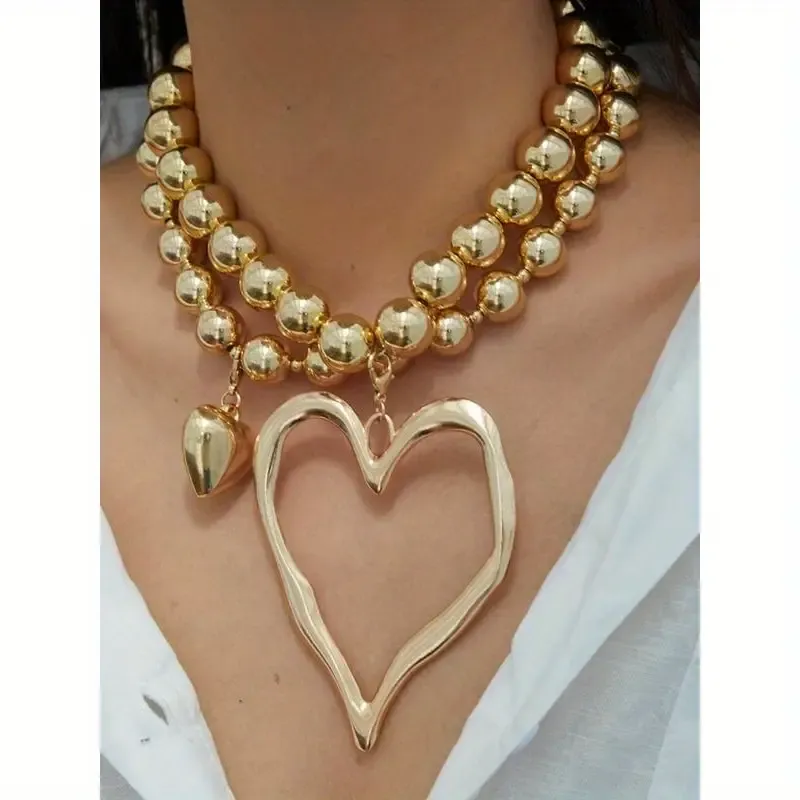 Large Heart Pendant Beaded Double Necklace