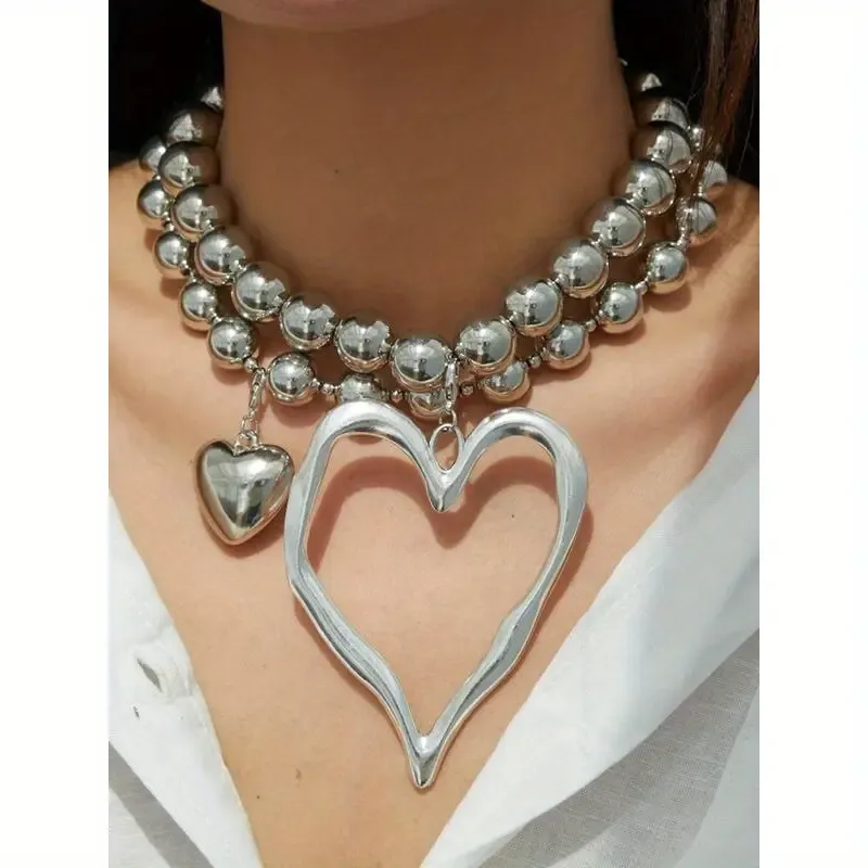 Large Heart Pendant Beaded Double Necklace