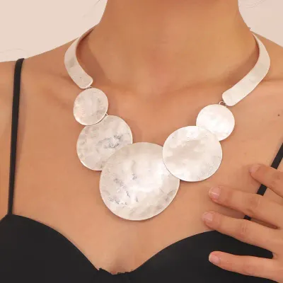 Hammered Matt Silver Large Round Disc Statement Necklace