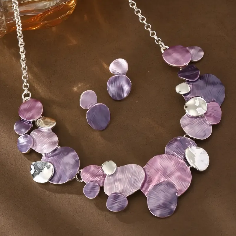 Purple Enamel Round Irregular Disc Necklace Set