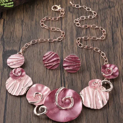 Rose Gold/Burgundy Round Disc Necklace Set