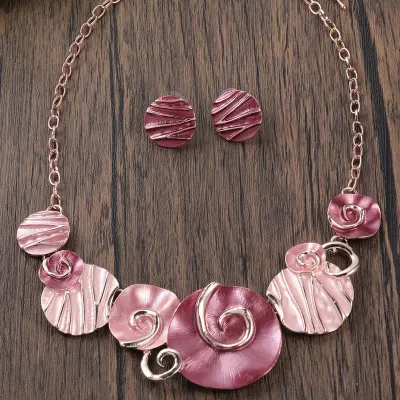 Rose Gold/Burgundy Round Disc Necklace Set