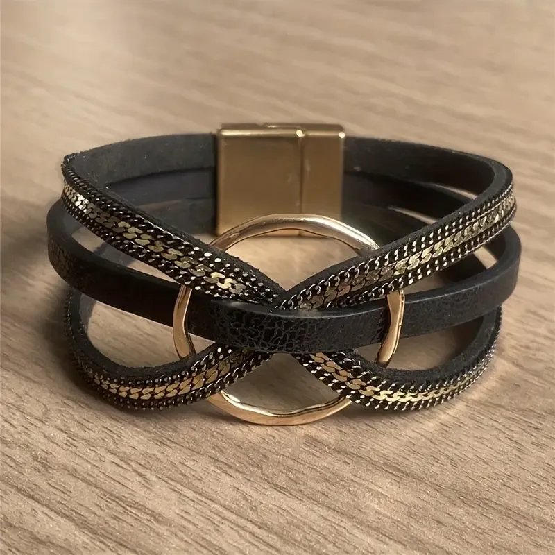 Vegan Leather Gold Circle Magnetic Bracelet