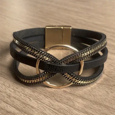 Vegan Leather Gold Circle Magnetic Bracelet