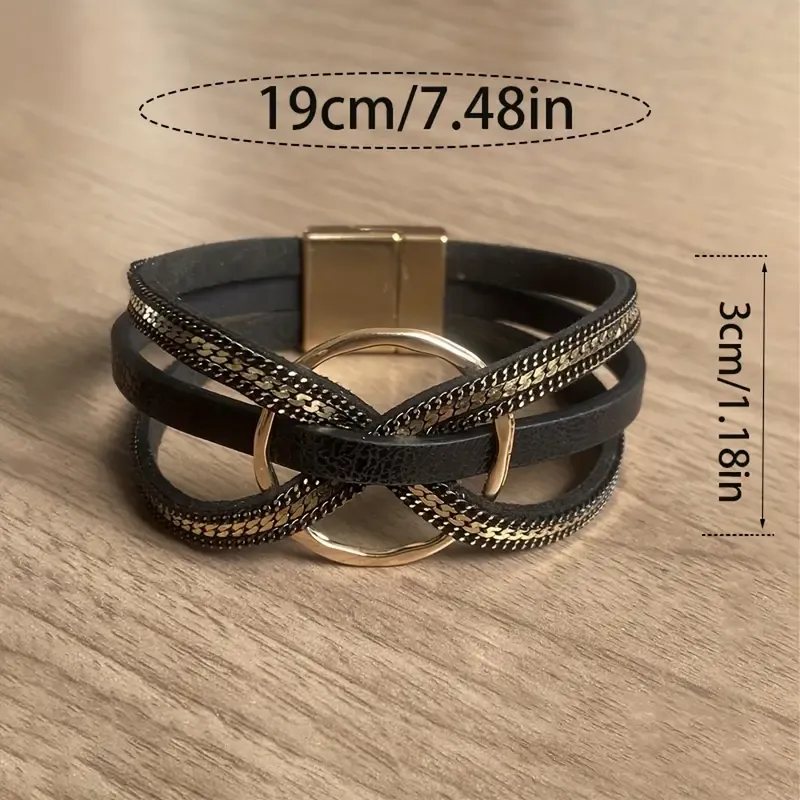 Vegan Leather Gold Circle Magnetic Bracelet