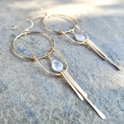 Gold Open Circle Gemstone Dangle Earrings