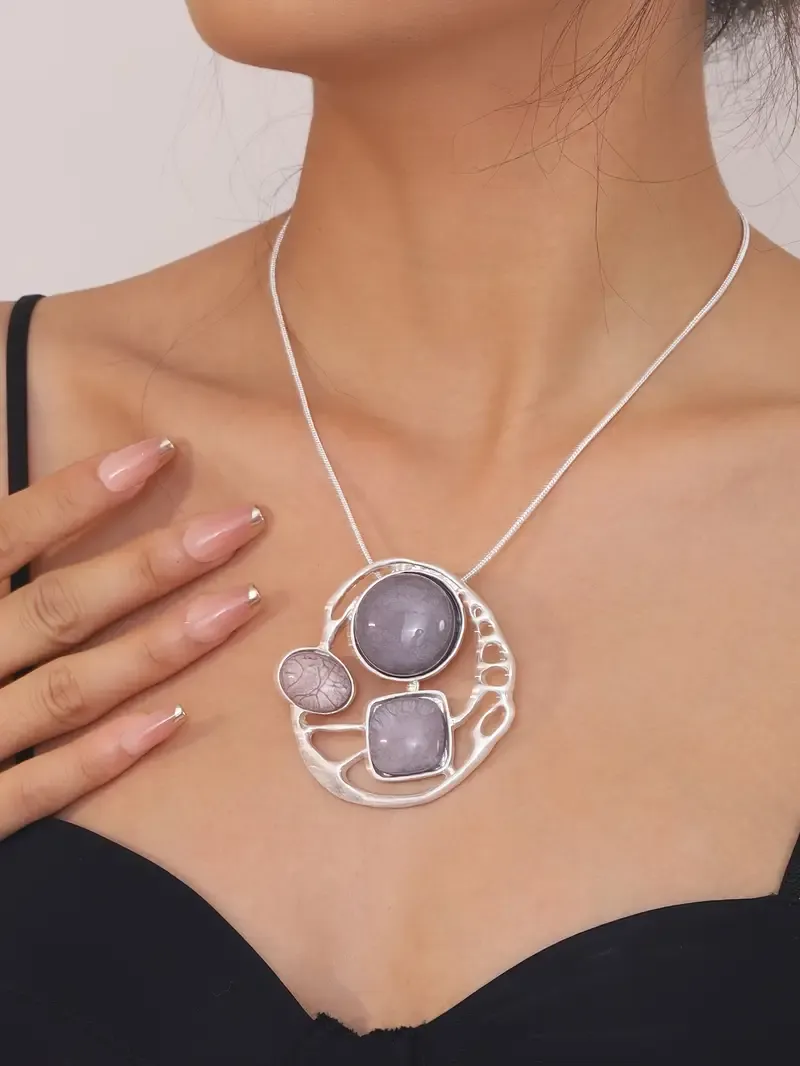 Silver Grey Mosaic Stone Geometric Pendent Necklace