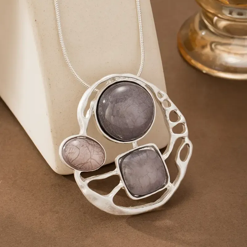 Silver Grey Mosaic Stone Geometric Pendent Necklace
