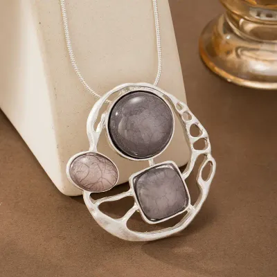 Silver Grey Mosaic Stone Geometric Pendent Necklace