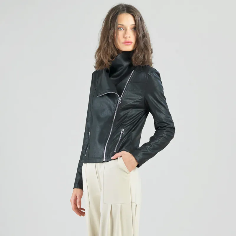 Black Liquid Leather™ Drape Neck Zip Jacket
