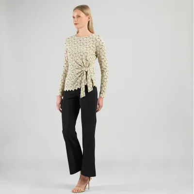 Fan Shell Crochet Knit -Side Tie Waist Sweater Top