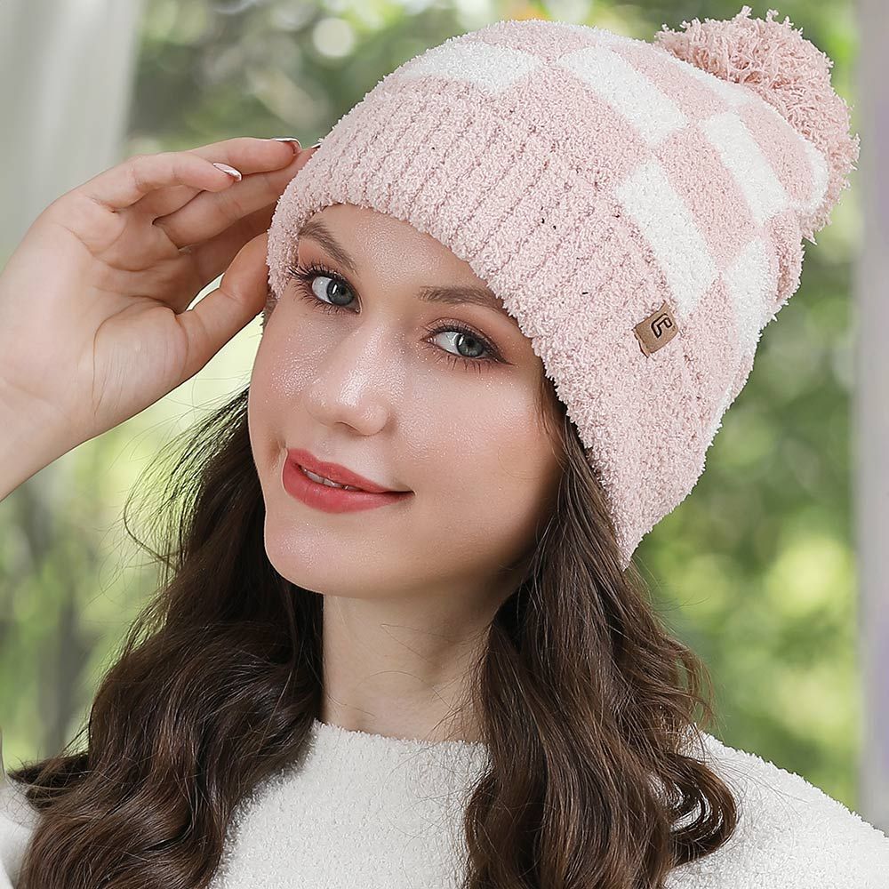 Pink/Cream Checkered Beanie with Pom Pom