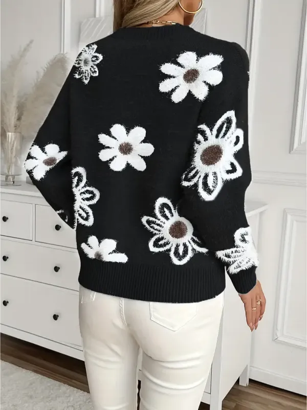 Cozy Black Fuzzy Floral Crew Neck Sweater
