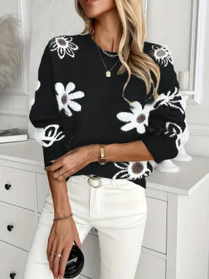Cozy Black Fuzzy Floral Crew Neck Sweater Cozy Black Fuzzy Floral Crew Neck Sweater