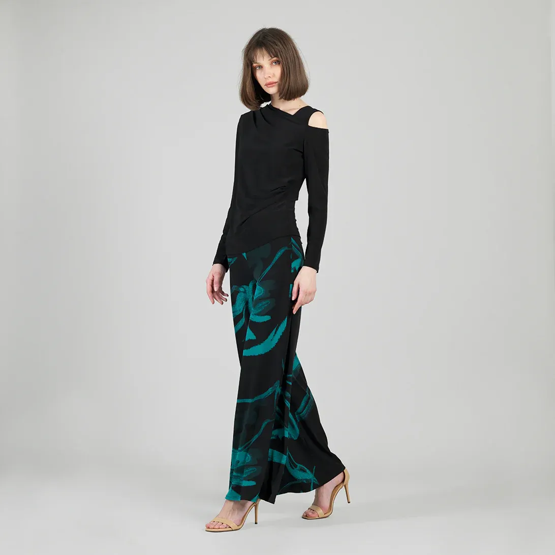 Black Angular Drape Neck Open Shoulder Top