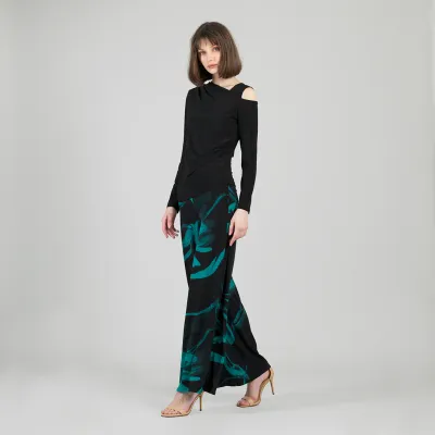 Black Angular Drape Neck Open Shoulder Top