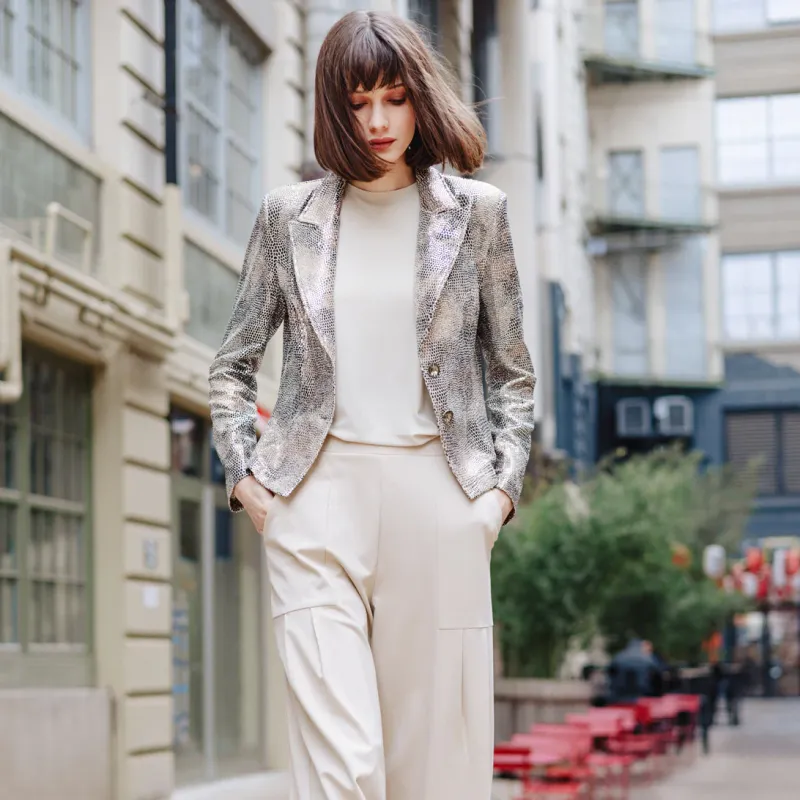 Champagne Sequin Knit - Modern Button Blazer