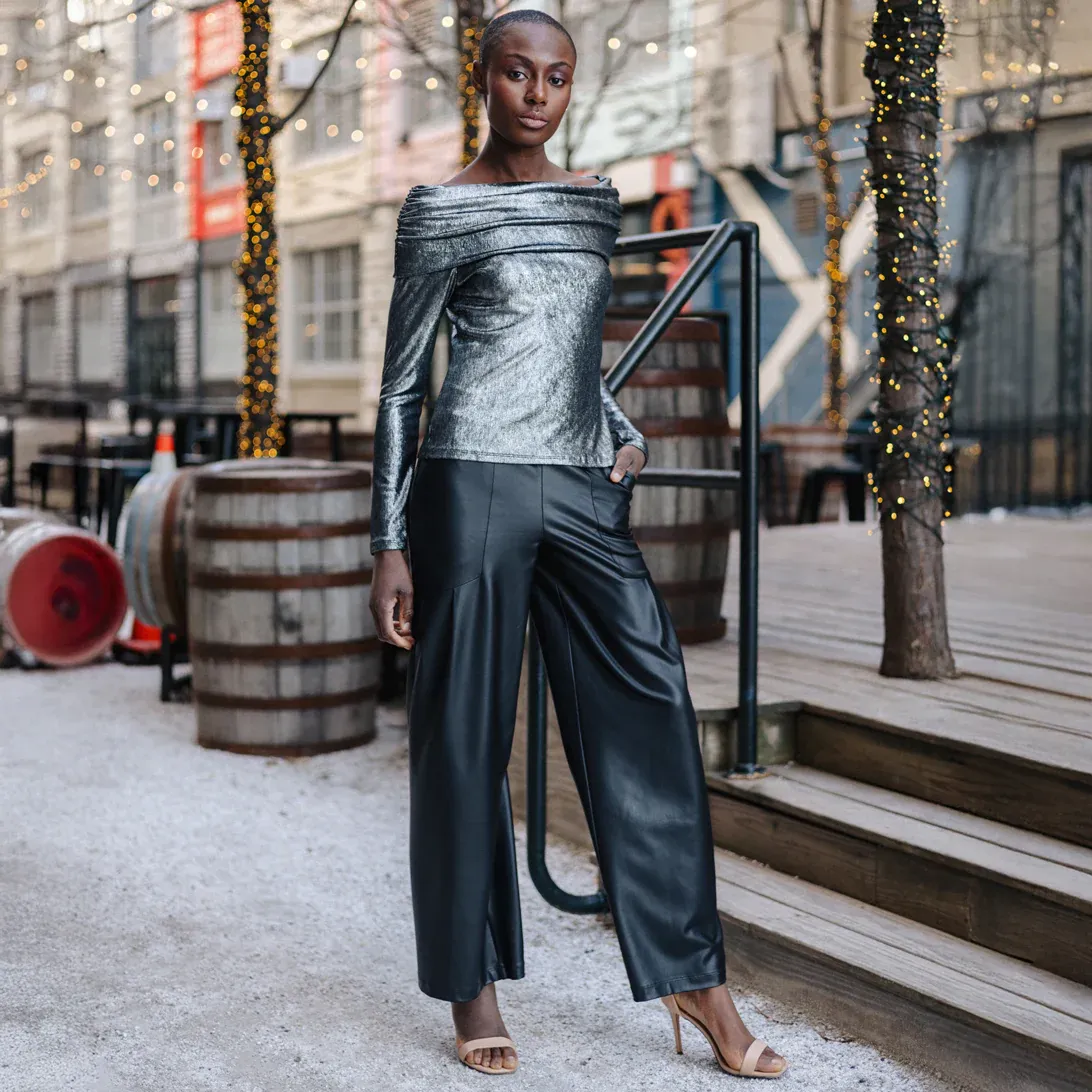 Gunmetal Metallic Shimmer  Ruched Off-Shoulder Top