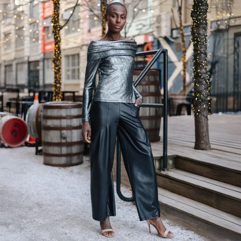 Gunmetal Metallic Shimmer  Ruched Off-Shoulder Top