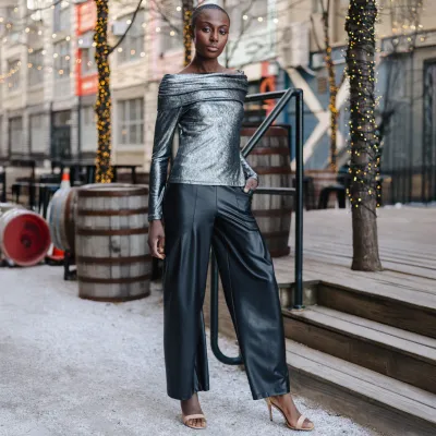 Gunmetal Metallic Shimmer  Ruched Off-Shoulder Top