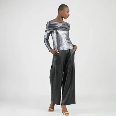 Gunmetal Metallic Shimmer  Ruched Off-Shoulder Top
