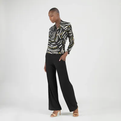 Black/Ivory Dots &amp; Stripes V-Neck Draped Pleat Top