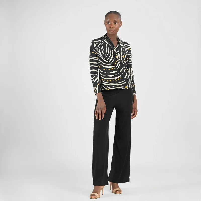 Black/Ivory Dots &amp; Stripes V-Neck Draped Pleat Top