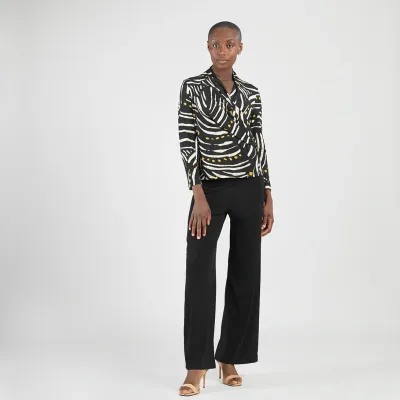 Black/Ivory Dots &amp; Stripes V-Neck Draped Pleat Top