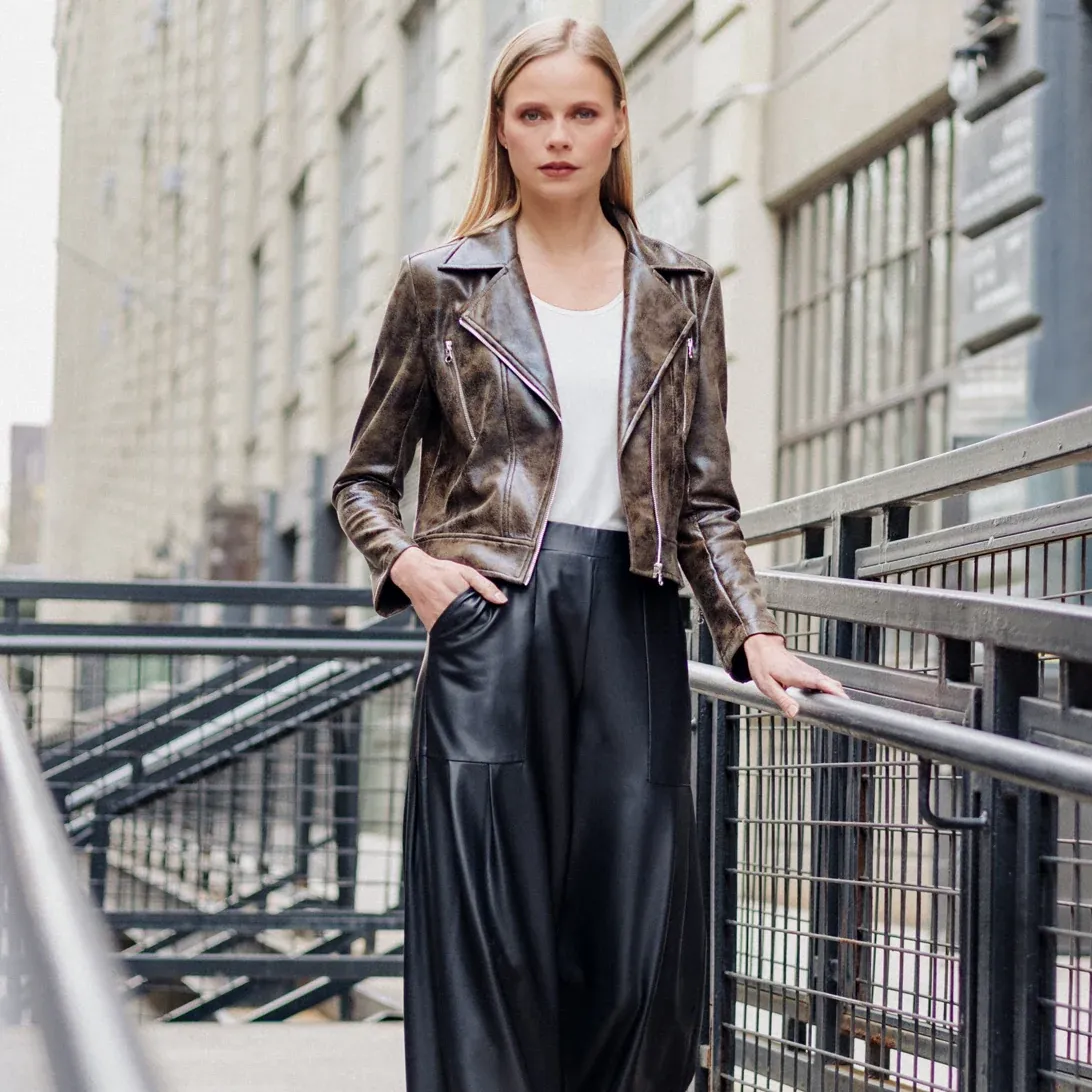 Brown Vegan Distressed Zip Cuff Moto Waist Jacket