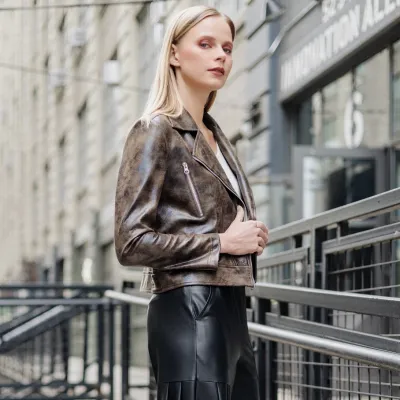 Brown Vegan Distressed Zip Cuff Moto Waist Jacket