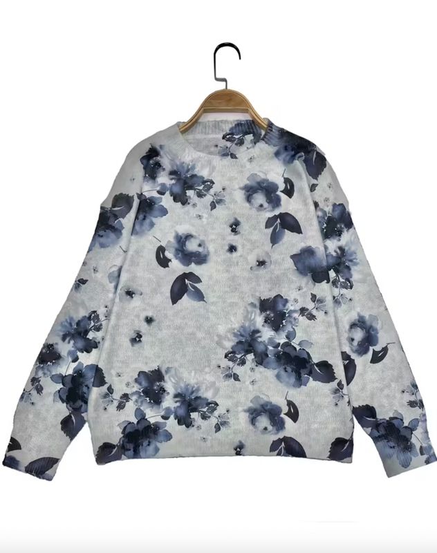 Navy Floral Pattern Round Neck Pullover Sweater