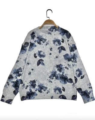 Navy Floral Pattern Round Neck Pullover Sweater