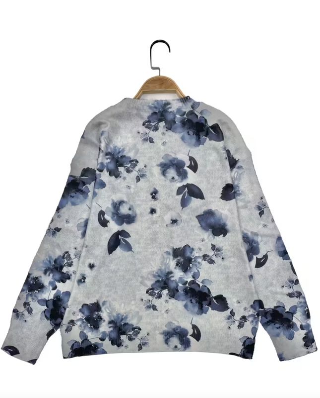 Navy Floral Pattern Round Neck Pullover Sweater